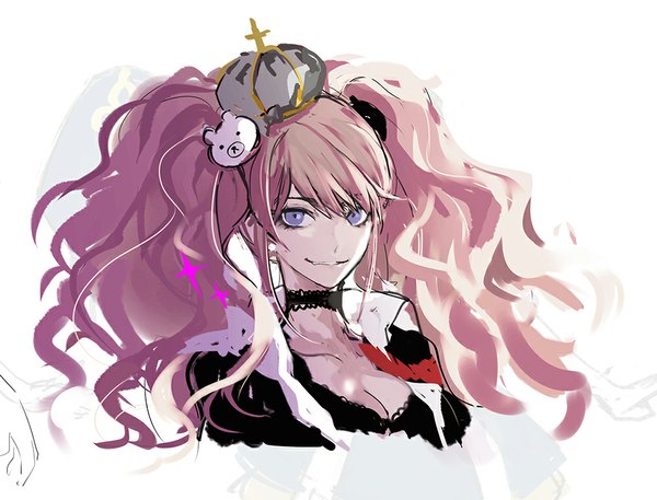 Anime picture 1000x763 with dangan ronpa enoshima junko meer rowe single long hair looking at viewer breasts blue eyes white background twintails pink hair cleavage wavy hair partially open clothes spoilers girl hair ornament choker crown