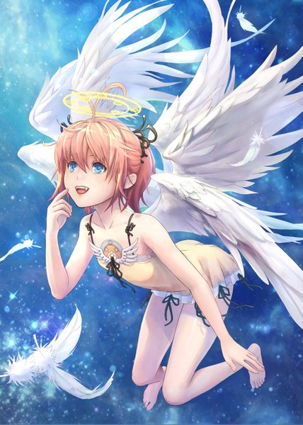 Anime picture 2066x2893 with original eat0123 single tall image highres short hair open mouth blue eyes light erotic bare shoulders barefoot orange hair teeth fang (fangs) finger to mouth angel wings angel multiple wings girl dress