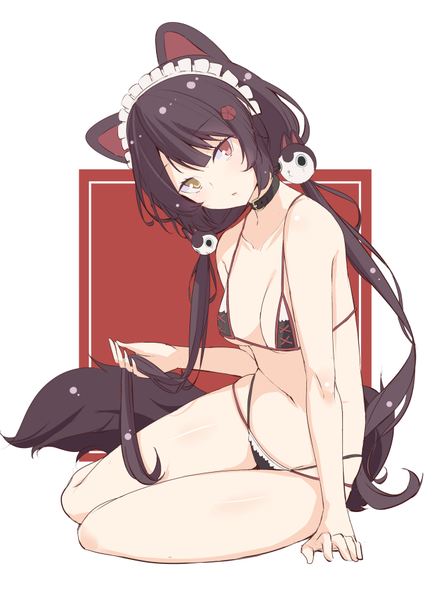 Anime picture 637x900 with virtual youtuber nijisanji inui toko kichihachi single long hair tall image looking at viewer breasts light erotic black hair simple background white background sitting twintails animal ears tail head tilt animal tail arm support