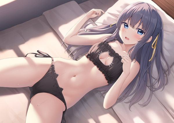 Anime picture 3541x2508 with original rakugaki-chan karutamo single long hair looking at viewer blush fringe highres breasts open mouth blue eyes light erotic hair between eyes large breasts bare shoulders absurdres cleavage purple hair indoors