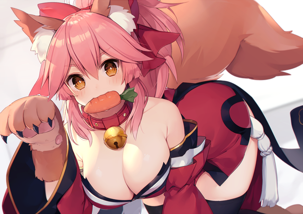 Anime picture 1200x849 with fate (series) fate/grand order fate/extra tamamo (fate) (all) tamamo cat (fate) muryotaro single long hair looking at viewer blush fringe breasts light erotic hair between eyes large breasts bare shoulders holding brown eyes animal ears payot