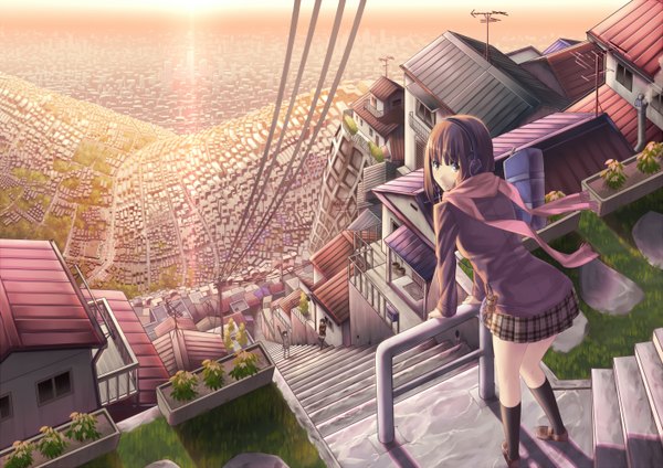 Anime picture 1412x1000 with original ac (eshi) short hair brown hair brown eyes looking back city evening sunset cityscape girl skirt miniskirt headphones scarf stairs