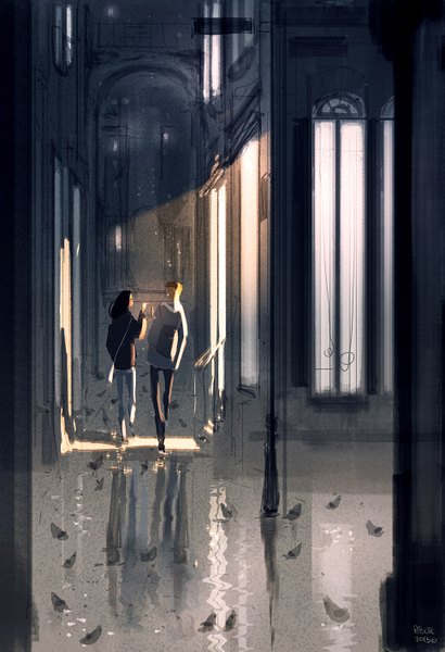 Anime picture 970x1417 with original pascal campion long hair tall image short hair open mouth black hair blonde hair smile outdoors from behind city light happy reflection cityscape girl boy animal water