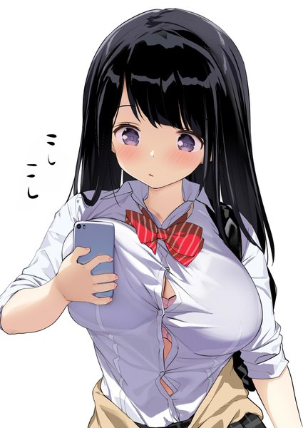 Anime picture 800x1129 with original kaisen chuui single long hair tall image blush fringe breasts light erotic black hair simple background large breasts white background purple eyes upper body looking down plaid skirt breast hold twisty sleeves cute