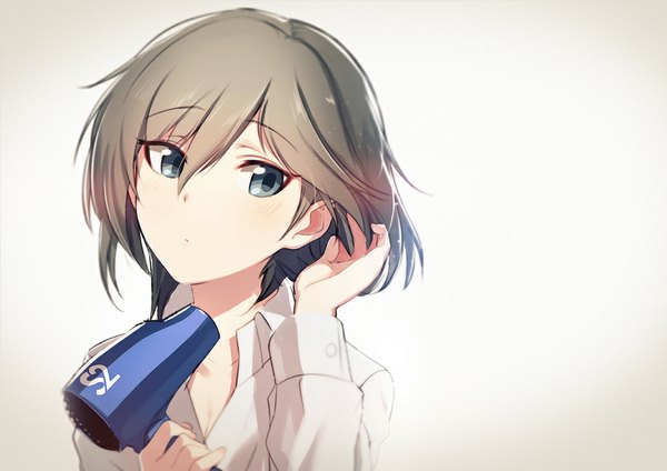 Anime picture 1052x744 with idolmaster idolmaster cinderella girls anastasia (idolmaster) satori0121 single looking at viewer fringe short hair blue eyes simple background holding grey hair close-up open collar drying hair girl shirt white shirt hairdryer