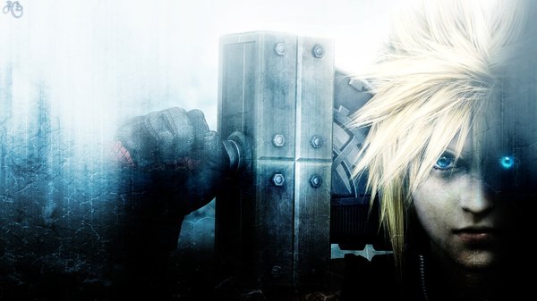 Anime picture 1366x768 with final fantasy vii advent children final fantasy vii crisis core final fantasy vii cloud strife short hair blue eyes blonde hair wide image white hair boy weapon sword