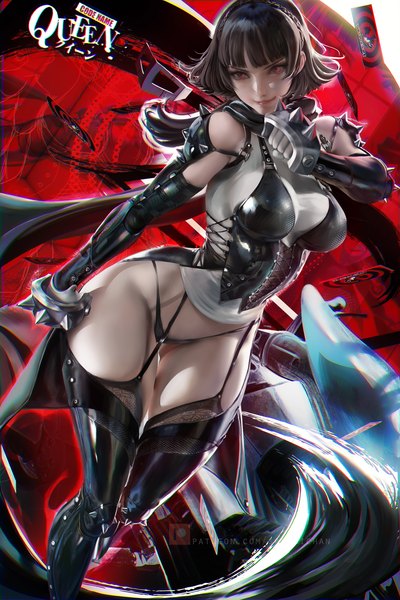 Anime picture 2333x3500 with persona 5 persona niijima makoto sakimichan single tall image fringe highres short hair breasts light erotic smile red eyes brown hair large breasts standing looking away blunt bangs realistic thighs