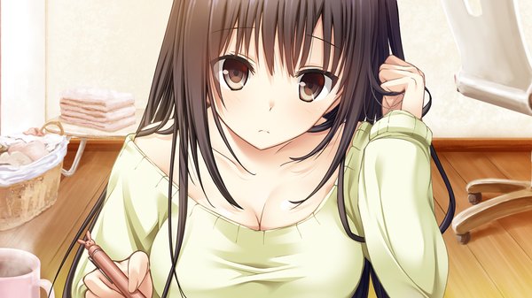 Anime picture 1280x720 with kiss ato natsume azusa mikoto akemi single long hair looking at viewer black hair wide image brown eyes game cg girl sweater