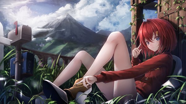 Anime picture 2240x1260 with virtual youtuber nijisanji ange katrina shumeia single looking at viewer blush fringe highres short hair blue eyes hair between eyes wide image sky cloud (clouds) full body bent knee (knees) outdoors red hair light smile