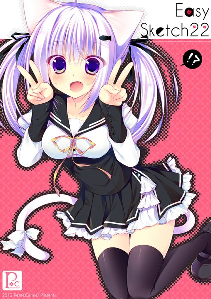 Anime picture 800x1129 with original sakura hanpen single long hair tall image blush open mouth purple eyes twintails animal ears silver hair tail animal tail cat ears cat girl cat tail victory girl thighhighs dress