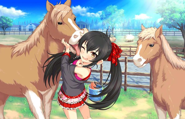 Anime picture 1280x824 with idolmaster idolmaster cinderella girls matoba risa long hair blush open mouth black hair smile twintails brown eyes one eye closed girl skirt bow plant (plants) hair bow miniskirt animal tree (trees) horse