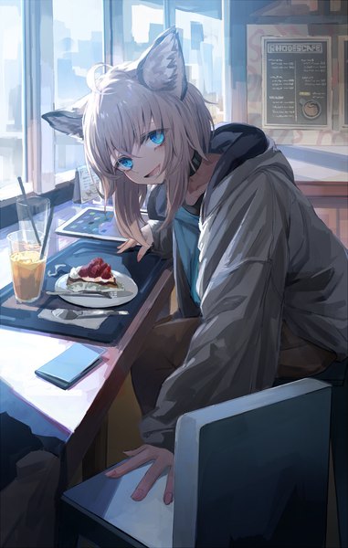 Anime picture 1397x2200 with arknights sussurro (arknights) miyabino (miyabi1616) single tall image looking at viewer blush fringe short hair open mouth blue eyes smile hair between eyes sitting animal ears payot ahoge indoors long sleeves :d