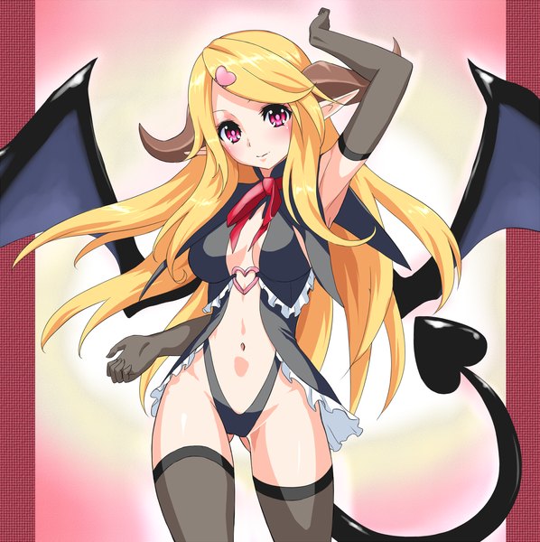 Anime picture 1991x2000 with original bochi (pixiv id392759) single long hair tall image blush highres light erotic blonde hair tail pink eyes horn (horns) pointy ears armpit (armpits) demon girl demon tail demon wings monster girl succubus girl