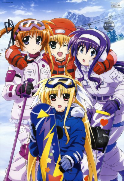 Anime picture 6069x8804 with mahou shoujo lyrical nanoha fate testarossa takamachi nanoha arisa bannings tsukimura suzuka hashimoto takayoshi long hair tall image highres open mouth blue eyes blonde hair red eyes purple eyes twintails multiple girls absurdres purple hair one eye closed wink