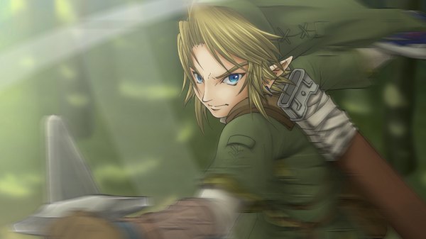 Anime picture 2317x1302 with the legend of zelda nintendo link highres blue eyes blonde hair wide image pointy ears gloves hat earrings sword jewelry sheath shield