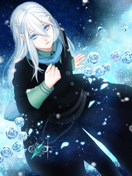 Anime picture 750x1000 with houseki gakuen melmelmel single long hair tall image looking at viewer fringe blue eyes hair between eyes sitting silver hair arm support hand on chest looking up blue background girl flower (flowers) petals scarf rose (roses)
