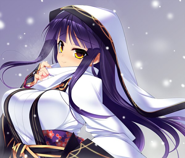 Anime picture 1000x857 with original dragonmaterial single long hair looking at viewer blush light erotic smile yellow eyes purple hair traditional clothes snowing girl