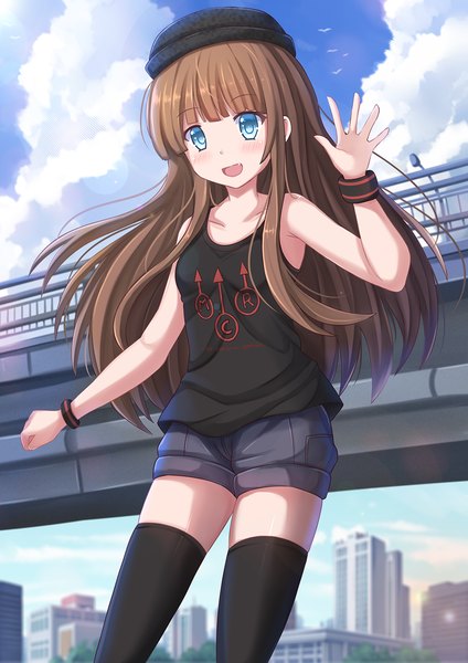 Anime picture 965x1365 with original kazenokaze single long hair tall image looking at viewer blush open mouth blue eyes brown hair sky cloud (clouds) waving girl thighhighs black thighhighs animal shorts bird (birds) cap
