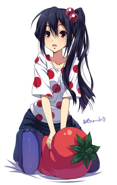 Anime picture 761x1200 with k-on! kyoto animation nakano azusa senji (tegone spike) single long hair tall image looking at viewer blush open mouth black hair simple background white background purple eyes side ponytail polka dot girl skirt hair ornament pantyhose