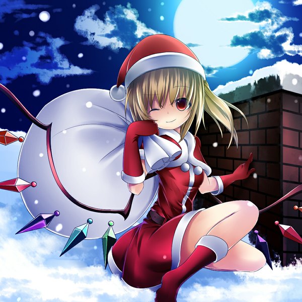 Anime picture 1000x1000 with touhou flandre scarlet janne cherry single short hair blonde hair red eyes cloud (clouds) one eye closed wink night one side up snowing christmas winter snow girl gloves wings boots