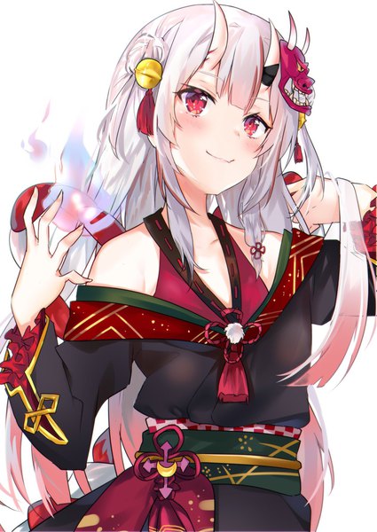 Anime picture 1451x2048 with virtual youtuber hololive nakiri ayame nakiri ayame (1st costume) nanakagura single long hair tall image looking at viewer blush fringe simple background smile hair between eyes red eyes standing bare shoulders payot upper body traditional clothes