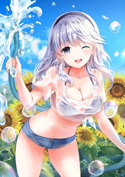Anime picture 605x855 with original yuuri (mafuyu) mafuyu single long hair tall image looking at viewer blush fringe breasts open mouth light erotic smile hair between eyes standing holding payot sky cleavage silver hair