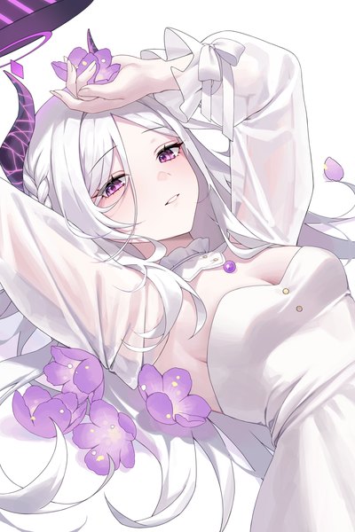 Anime picture 3000x4500 with blue archive hina (blue archive) raki kr single long hair tall image looking at viewer fringe highres breasts simple background hair between eyes white background cleavage silver hair lying parted lips pink eyes horn (horns) arms up