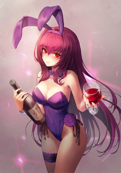 Anime picture 1500x2152 with fate (series) fate/grand order scathach (fate) (all) scathach (fate) kone (zhsiddl010) single long hair tall image looking at viewer blush fringe breasts light erotic hair between eyes red eyes standing bare shoulders holding animal ears cleavage
