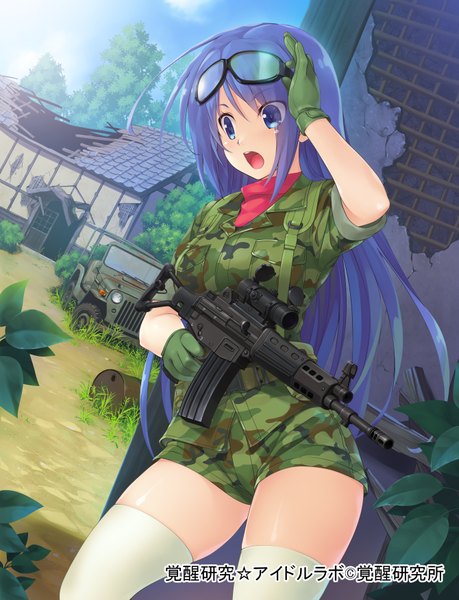 Anime picture 1340x1750 with original wacchi single long hair tall image open mouth blue eyes blue hair girl thighhighs uniform weapon white thighhighs shorts gun military uniform ground vehicle car assault rifle