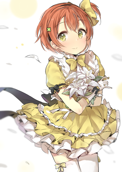 Anime picture 816x1153 with love live! school idol project sunrise (studio) love live! hoshizora rin yuran (cozyquilt) single tall image looking at viewer blush short hair white background holding green eyes ponytail orange hair side ponytail girl thighhighs dress flower (flowers)