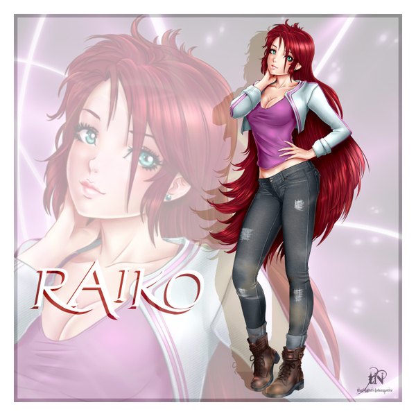Anime picture 3000x3000 with original thenightwishmaster single long hair highres breasts looking away red hair aqua eyes lips hand on hip zoom layer girl earrings t-shirt jeans torn jeans