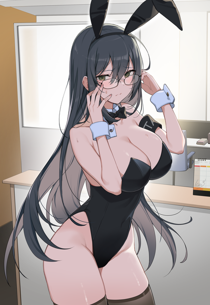 Anime picture 2562x3720 with original ikomochi single long hair tall image looking at viewer blush fringe highres breasts light erotic black hair hair between eyes large breasts standing green eyes animal ears cleavage indoors arms up