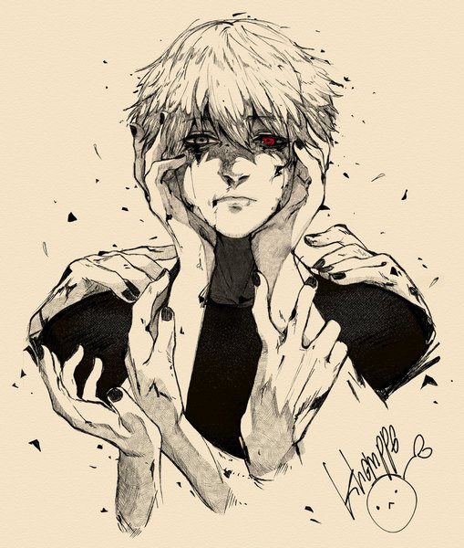 Anime picture 1699x2000 with tokyo ghoul studio pierrot kaneki ken khamppa single tall image fringe short hair simple background hair between eyes red eyes white background signed nail polish grey eyes heterochromia monochrome portrait black nail polish traditional media