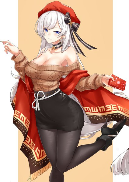 Anime picture 1157x1636 with azur lane belfast (azur lane) belfast (shopping with the head maid) (azur lane) asya single long hair tall image looking at viewer fringe breasts blue eyes light erotic simple background smile large breasts standing bare shoulders holding cleavage silver hair