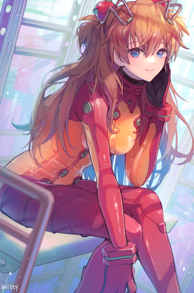 Anime picture 1920x2893 with neon genesis evangelion rebuild of evangelion evangelion: 2.0 you can (not) advance gainax soryu asuka langley shikinami asuka langley misty cj single long hair tall image looking at viewer fringe highres blue eyes hair between eyes sitting signed light smile orange hair girl