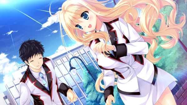 Anime picture 1280x720 with hoshi no ne sanctuary serina malgrid octavius naruse hirofumi long hair blush open mouth blue eyes blonde hair smile wide image game cg sky cloud (clouds) looking back turning head girl boy skirt uniform plant (plants)