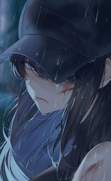 Anime picture 1229x2000 with blue archive saori (blue archive) orecalc3092 single long hair tall image looking at viewer fringe blue eyes black hair upper body multicolored hair hair over one eye two-tone hair wet rain colored inner hair injury cuts girl