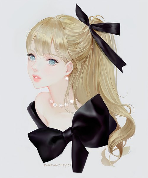 Anime picture 900x1080 with original dadachyo single long hair tall image fringe blue eyes blonde hair simple background signed ponytail parted lips lips grey background portrait girl bow ribbon (ribbons) hair ribbon earrings