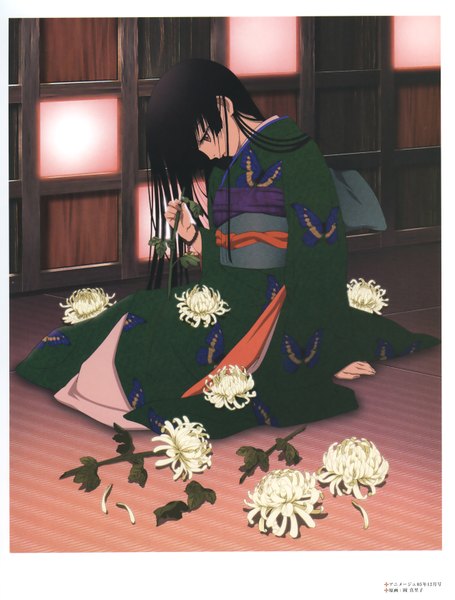 Anime picture 2544x3354 with hell girl studio deen enma ai single long hair tall image highres black hair red eyes sitting traditional clothes head tilt japanese clothes scan girl flower (flowers) petals bracelet kimono insect