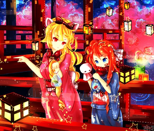 Anime picture 2000x1700 with original milchiah long hair highres blue eyes blonde hair red eyes multiple girls signed animal ears red hair traditional clothes japanese clothes girl hair ornament bow 2 girls hair bow kimono bowtie