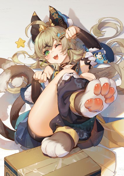 Anime picture 2480x3508 with genshin impact kirara (genshin impact) ai xiao meng single long hair tall image highres open mouth brown hair green eyes ahoge tail animal tail one eye closed wink cat tail ;d paw pose girl star (symbol)
