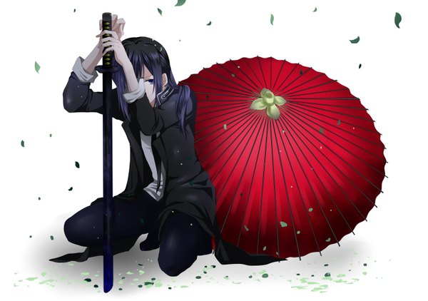 Anime picture 1500x1056 with k-project gohands (studio) yatogami kuroh mariwai (marireroy) single long hair looking at viewer fringe blue eyes simple background white background sitting holding blue hair twisty sleeves boy weapon petals sword necktie