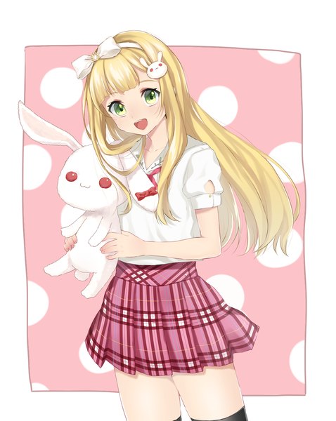 Anime picture 1200x1504 with hentai ouji to warawanai neko j.c. staff azuki azusa neko mofumofu single long hair tall image open mouth blonde hair green eyes girl skirt uniform hair ornament bow hair bow school uniform toy stuffed animal