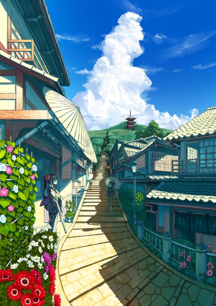 Anime picture 1767x2500 with original kanipanda tall image fringe highres black hair standing holding sky cloud (clouds) ponytail traditional clothes japanese clothes profile hair flower black eyes shadow back looking up walking
