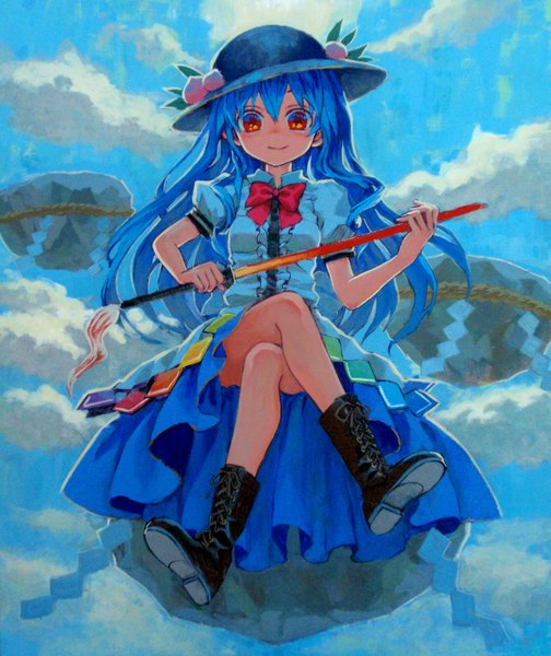 Anime picture 1274x1515 with touhou hinanawi tenshi ama-tou single long hair tall image looking at viewer blush red eyes blue hair sky cloud (clouds) flying lacing traditional media girl dress weapon hat sword