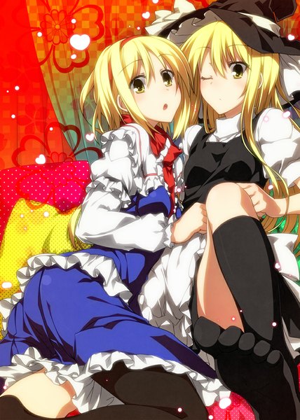 Anime picture 800x1120 with touhou kirisame marisa alice margatroid sazanami mio long hair tall image looking at viewer fringe short hair open mouth blonde hair hair between eyes sitting multiple girls yellow eyes one eye closed looking back wink :o spread legs