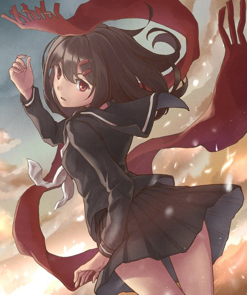 Anime picture 1000x1191 with kagerou project shaft (studio) tateyama ayano morigami (morigami no yashiro) single long hair tall image open mouth red eyes brown hair standing sky cloud (clouds) long sleeves pleated skirt looking back wind sunlight girl skirt