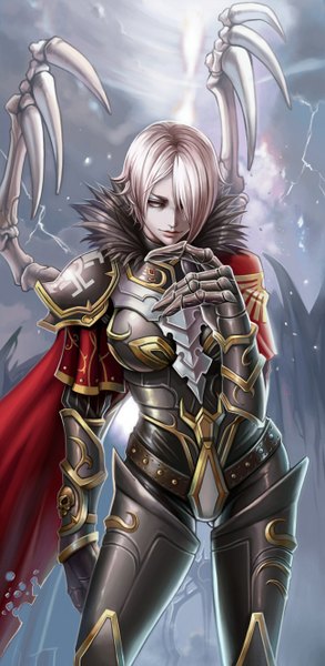 Anime picture 648x1326 with dantewontdie single tall image fringe breasts standing looking away from above lips hair over one eye bone (bones) girl wings armor cape gauntlets