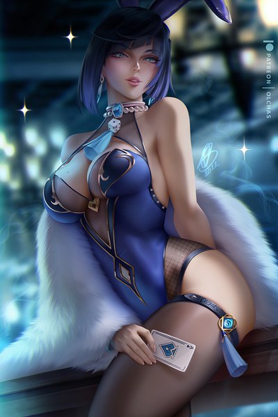 Anime picture 600x900 with genshin impact yelan (genshin impact) olchas single tall image fringe short hair breasts light erotic sitting holding green eyes signed animal ears blue hair parted lips realistic off shoulder sparkle bunny ears