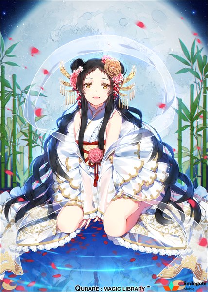 Anime picture 640x896 with original hakusai (tiahszld) single tall image open mouth black hair yellow eyes very long hair hair flower girl dress hair ornament flower (flowers) petals moon shawl